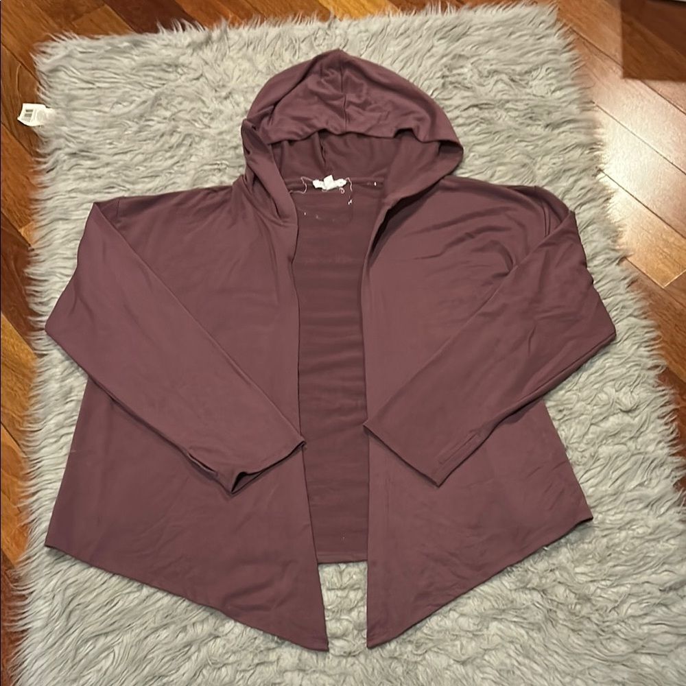 T/S by Thrive women’s purple rayon stretch open hooded flowy cardigan